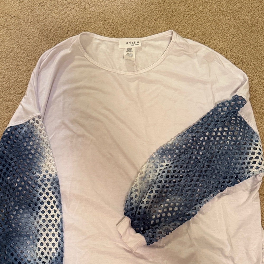Ariella White Top with Blue Mesh Sleeves